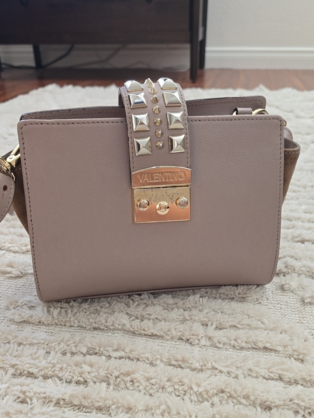 Valentino Taupe Crossbody with Gold Studded Strap